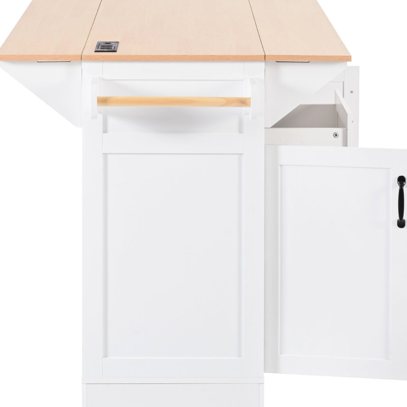 55.7'' Kitchen Island With 2 Folding Leaves, 5 Wheels Mobility, Electrical Outlet, Dining Table, 3 Drawers, White Drop Leaf, 5 Motion, Power Socket, Towel Rack,