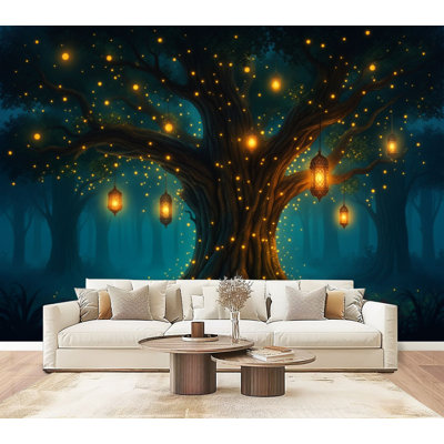 Peel and Stick Wallpaper Magical Tree Lanterns Glowing Fireflies Forest Fantasy Wall Murals 100"H x 144"W Removable PVC Wall Paper Self-Adhesive Wall Decor for Bedroom Living Room Home Office