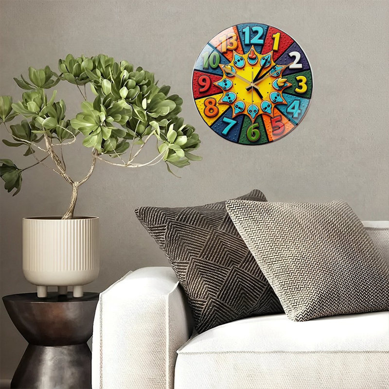 Colorful Wall Clock with Educational Numbers And Playful Design Art - 12'' Modern Glass Wall Clock