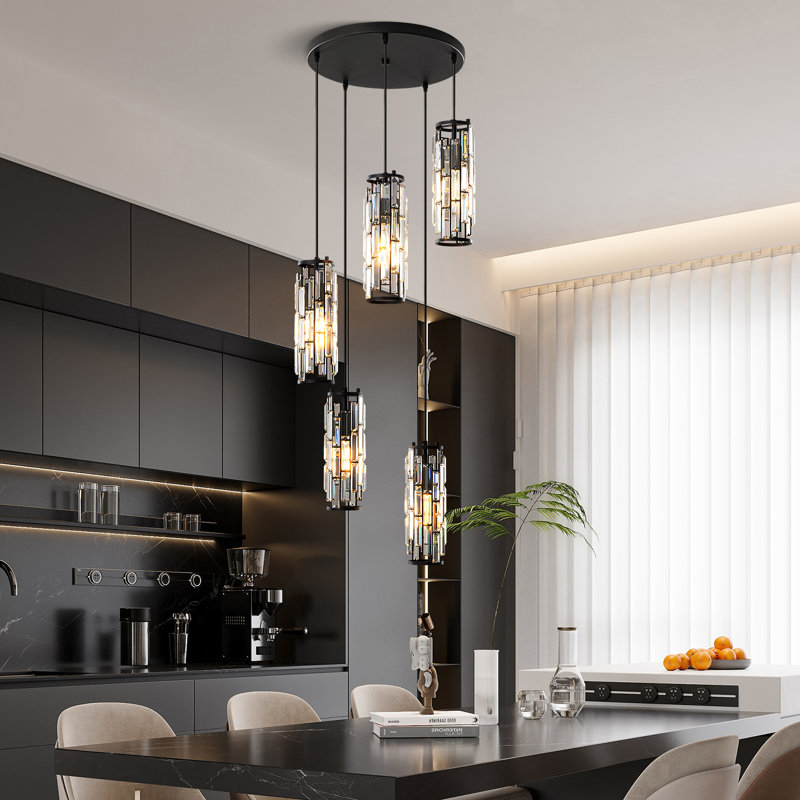 Luminaire suspendu cylindrique à 5 lumières à intensité variable avec accents de cristal, Noir, 5 lumières