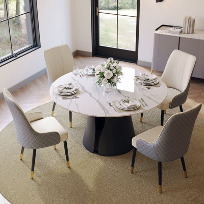  Vera Modern Dining Room Sets Pre-Assembly, Round Matte White Sintered Stone Tabletop Kitchen Dining Table Set with 4 PU Upholstered Chairs