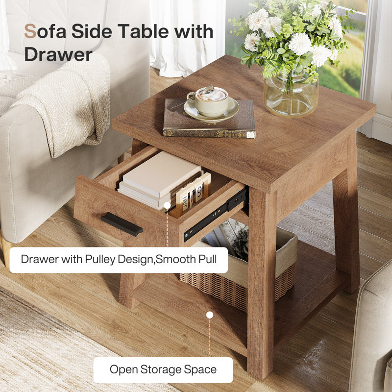 Side Table with Drawer, 2 -Tier Wooden End Table with Shelf Storage