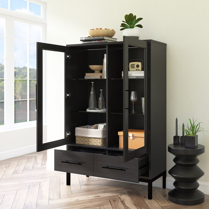 Vitrine haute 60 po avec porte en verre trempé, éclairage DEL, deux tiroirs, Noir
