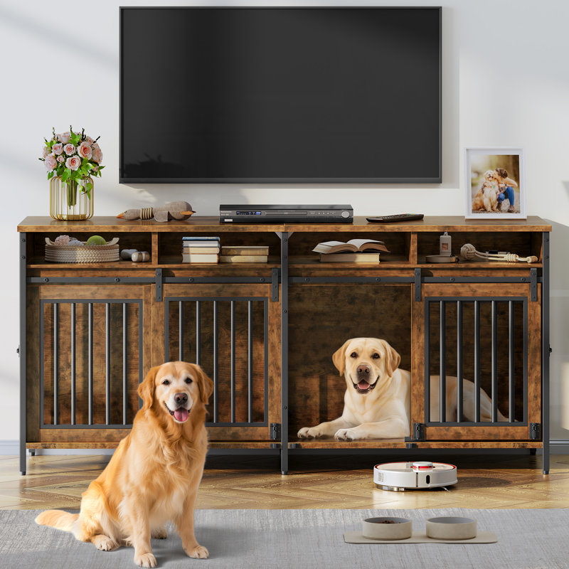 78.74'' Double Dog Crate Furniture with Removable Divider and 4 Compartments, Rustic Brown