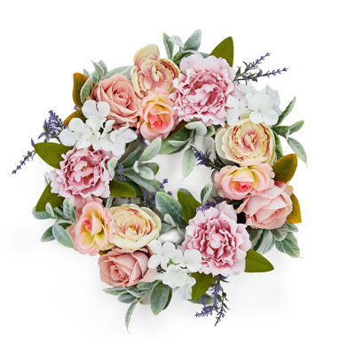 20" Spring Wreath for Front Door, Artificial Pink Peony & Lavender Floral Wreath with Roses, Hydrangeas, and Rabbit Ear Leaves for Door, Wall, Wedding, and Farmhouse Home Decor