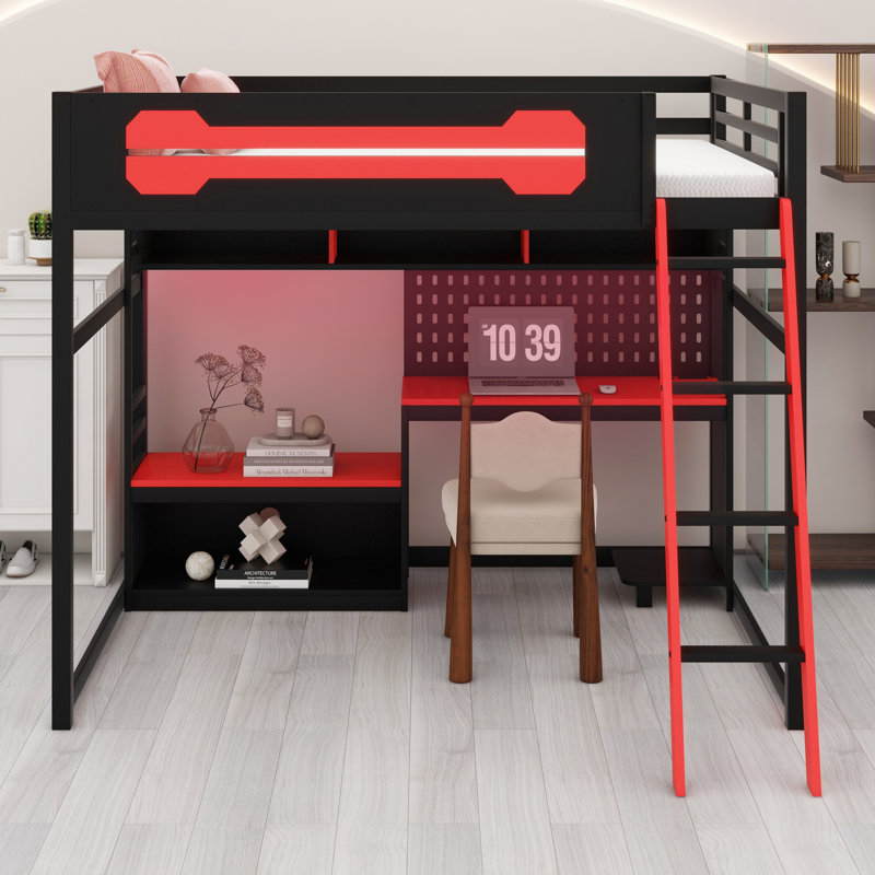 Lit mezzanine en bois avec bureau, tablettes, lumières DEL, ports USB et panneau perforé, Rouge