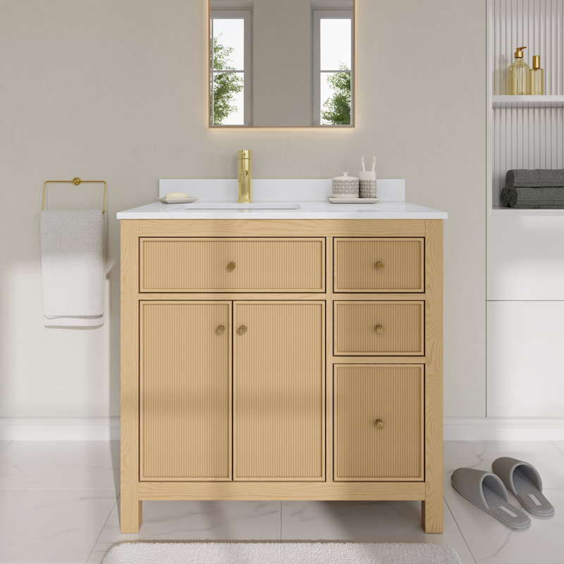 Pendry 36" Freestanding Single Bathroom Vanity with Top, Tanned Oak, Brushed Gold, White Cultured Marble
