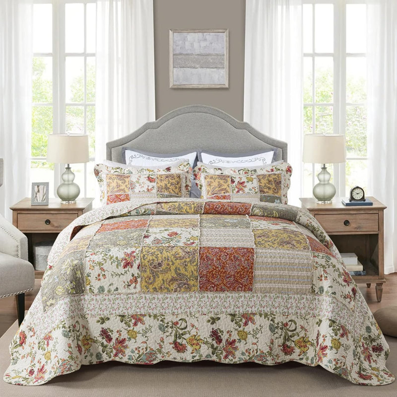 HoneiLife King Size 3‑Piece Paisley Farm Brown Handmade Patchwork Quilt Set, 100% Cotton Bedding Quilt with Matching Pillow Shams