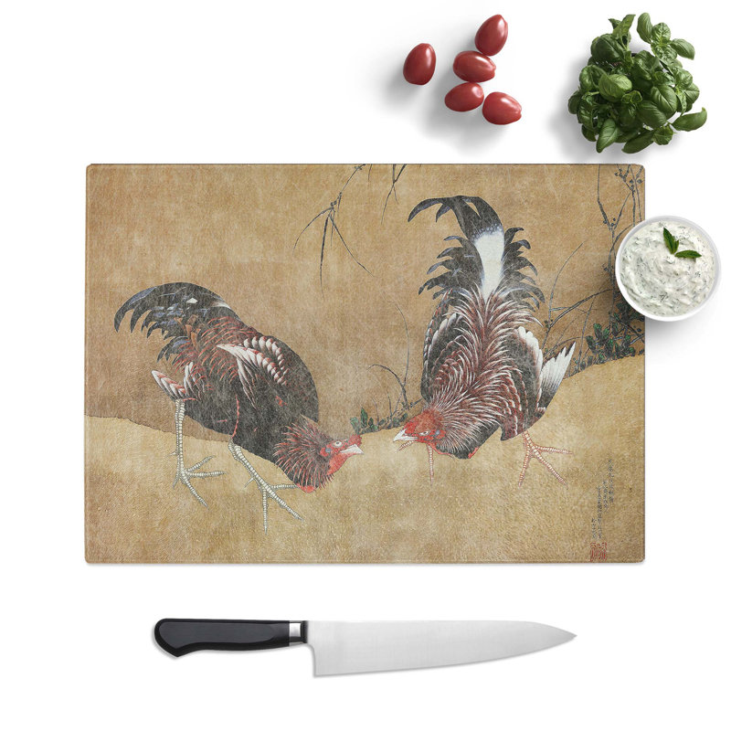 Glass Gamecocks by Katsushika Hokusai Chopping Board, 39 cm W x 28.5 cm L