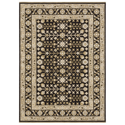 Abena Traditonal Bordered Floral Black/ Beige Wool Blend Area Rug