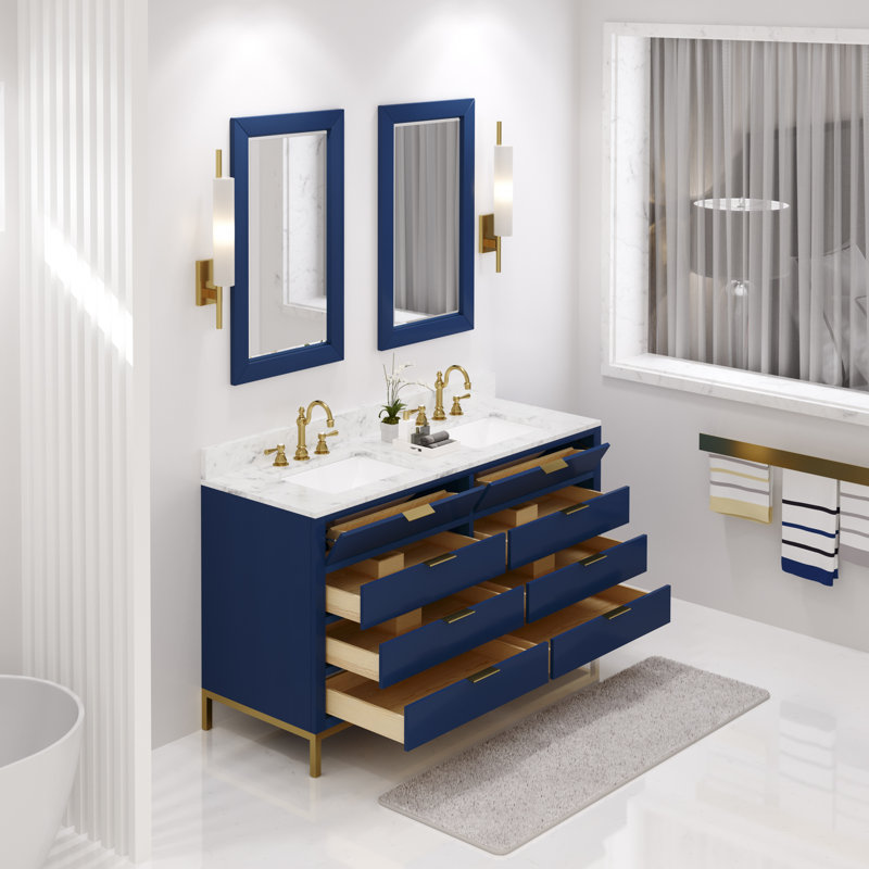 Bristol 60" Carrara White Marble Countertop Bath Vanity with Faucet, Monarch Blue, 60"