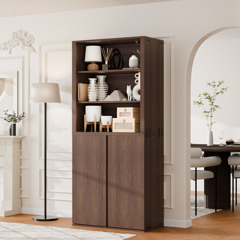 Large 2-Piece Wall Unit Bookcase Set, 71" H Storage Cabinet With Double Doors And Open Bookshelf Organizer Walnut