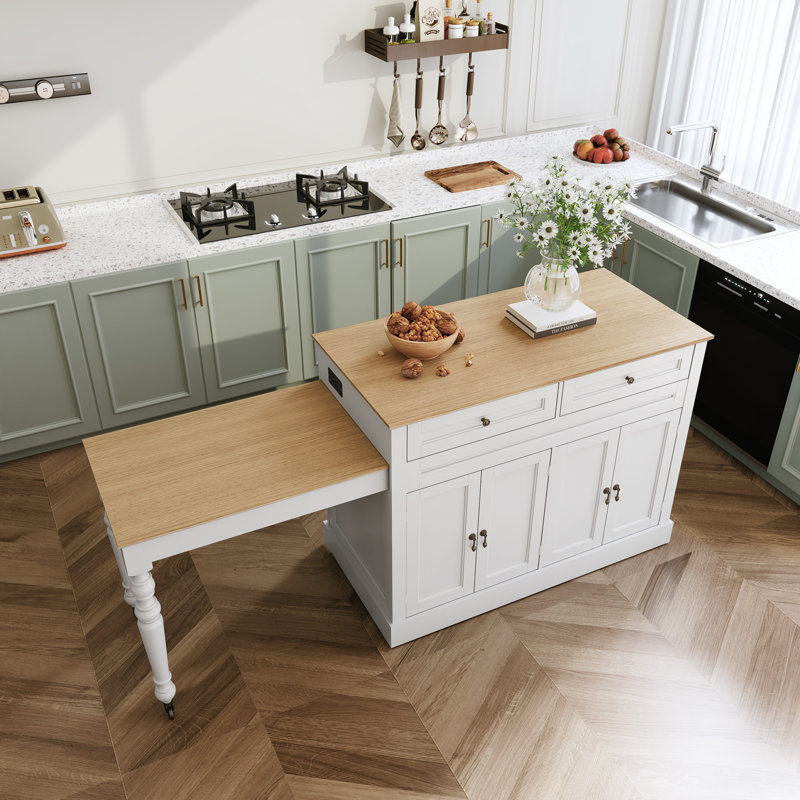 Îlot de cuisine avec table rétractable, station de charge intégrée et roues verrouillables, Blanc
