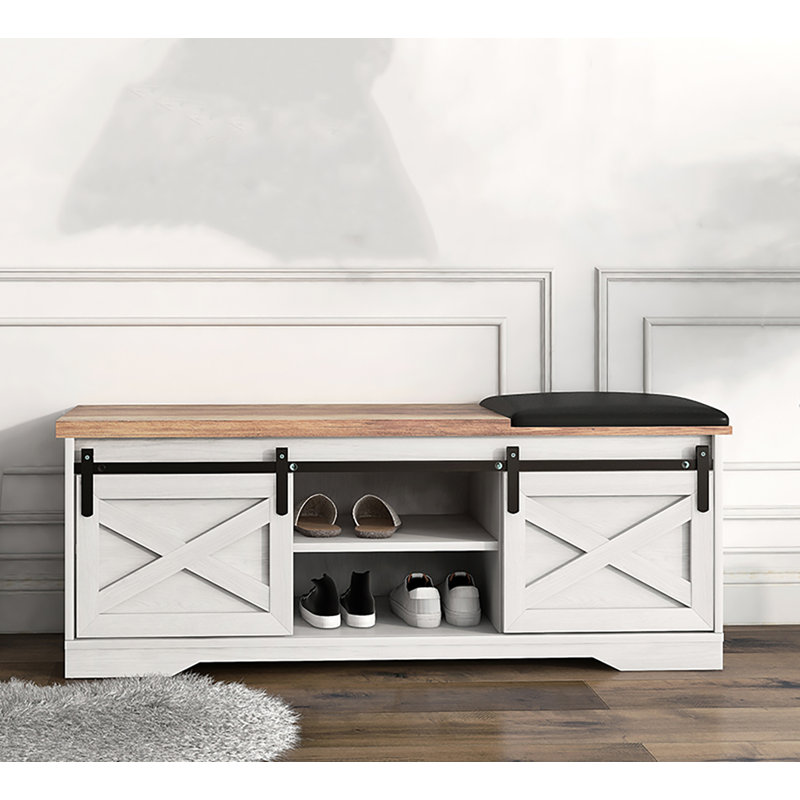 Entryway Shoe Bench With Sliding Door Cushion Adjustable Shelf