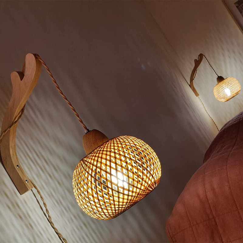 7 po Applique murale à 1 lumière en bambou pour lanterne avec cordon d'alimentation en rotin tissé à la main style rustique