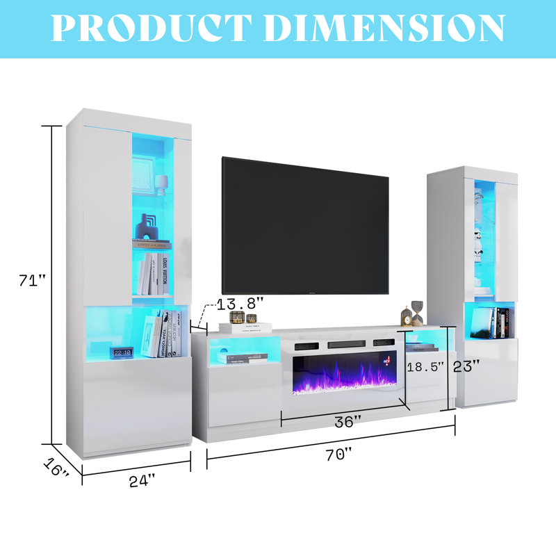 Bhhatu High Gloss Entertainment Center with Fireplace, White, 71”H x 118”L x 16”W