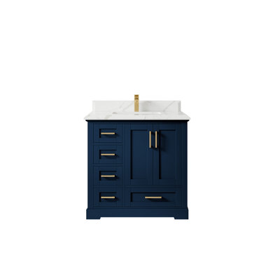 Boston 36 In. W X 22 In. D Center Sink Bathroom Vanity In Navy Blue With Cove Edge Quartz