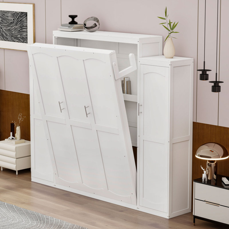 Lit escamotable en bois avec armoire intégrée et tablettes de rangement, Grand lit