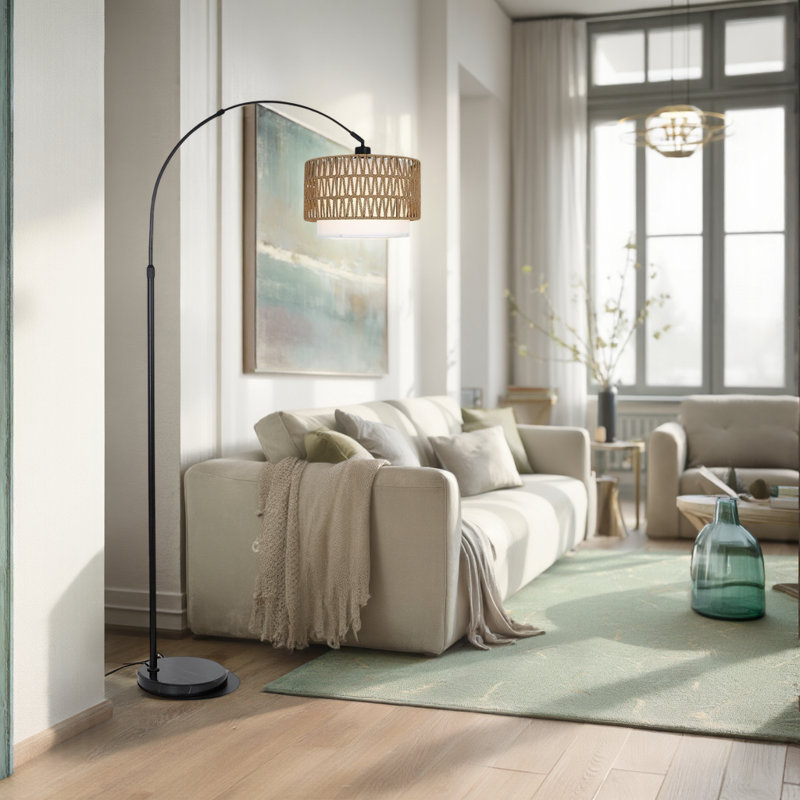 Modern LED Floor Lamp with Dimmable Bulb with 3 Color Temperatures, Dimmable, Height Adjustable, Marble Base, Rattan Shade, Smart Lighting,Brown+Black