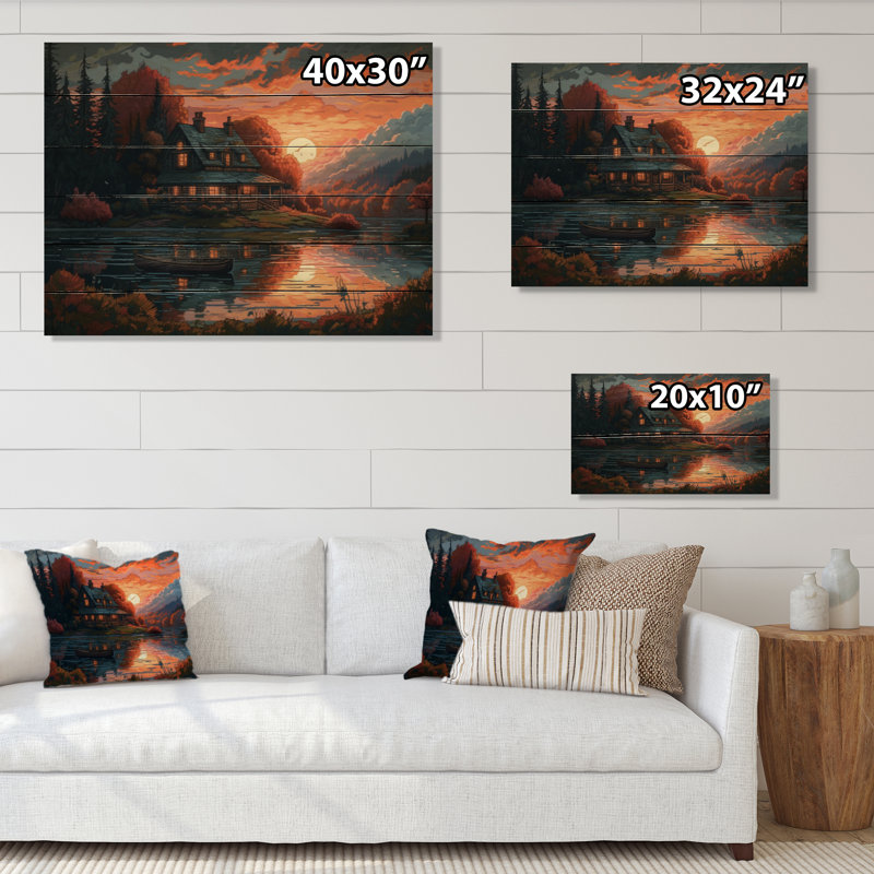 Autumn Sunset Cottage II sur impression sur bois, H 10 po x l 20 po x P 0,78 po