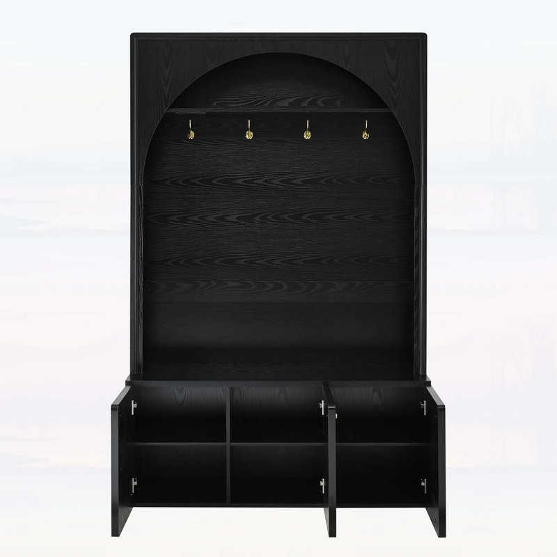 Retro Hall Tree with Adjustable Shelves,Arched Entryway Storage Bench with 3 Cabinets, Black