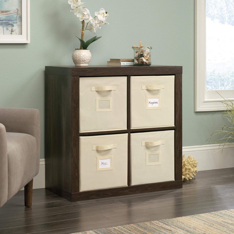 Sauder Stow-Away 4-Cube Organizer With Fabric Bins, Smoked Oak Finish, Versatile Storage Solution For Home Or Office