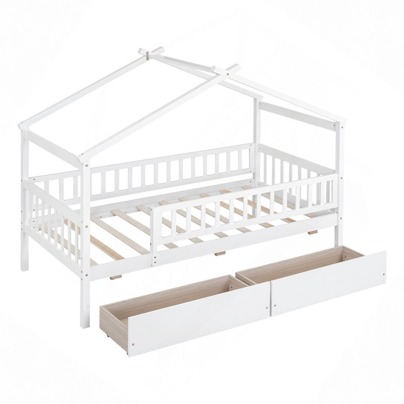 Lit en bois avec deux tiroirs, Lit simple, Blanc