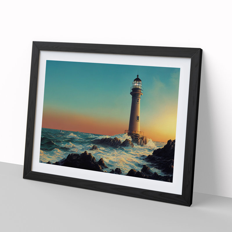 XH1022-8598X Sunrise And Lighthouse - Single Picture Frame Print, Black, 46cm H x 64cm W