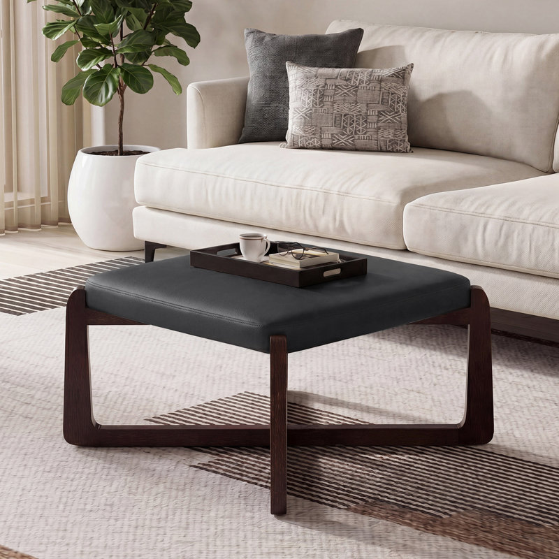 24" Wide Faux Leather Upholstered Square Ottoman, Black