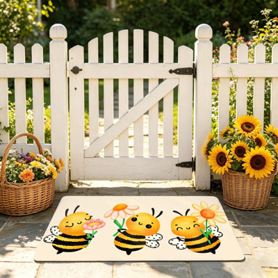 Mignon tapis d'abeille à motif de fleurs pour porte d'entrée, 24 po x 36 po, beige