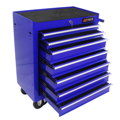 Blue 7-Drawer Mobile Tool Cart, Multifunctional Tool Trolley For Garage With Lockable Tool Box, 4 Wheels (2 Lockable)