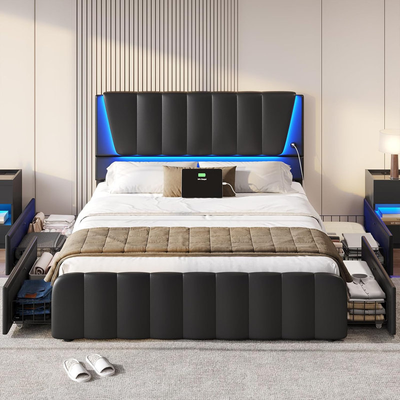 Modern Leather Upholstered Platform Bed with Storage Drawers Black, Full / Double