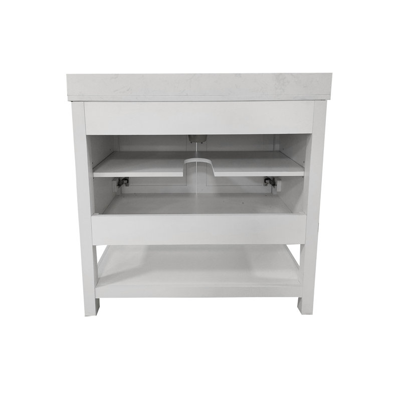 Castielle 36'' Bathroom Vanity with Undermount Sink and Open Storage Shelf, Nickel, White