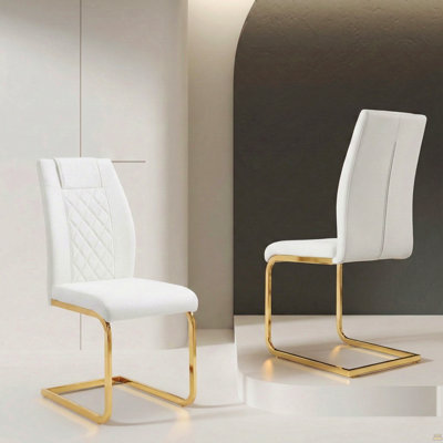 Ensemble de 4 chaises de salle à manger à haut dossier en cuir Pu avec pieds dorés pour les meubles et la salle à manger (blanc)