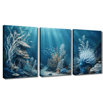 Tableau en 3 panneaux représentant un récif de corail sous-marin, imprimé sur une toile tendue pour le salon