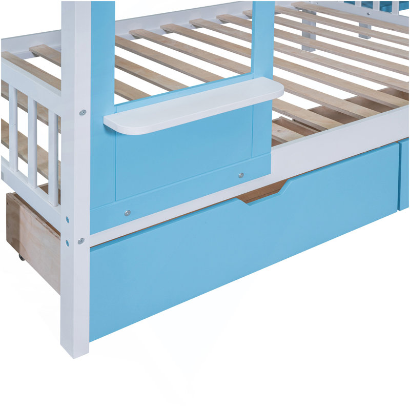 Lit superposé double au-dessus d'un lit double avec 2 tiroirs et 3 glissières - gris, Bleu