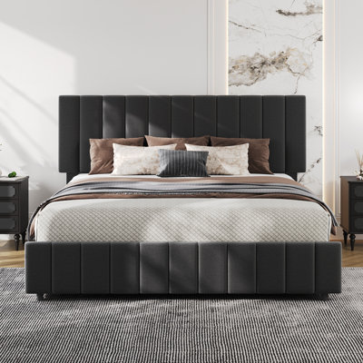 King Size Bed Frame with 4 Storage Drawers, Linen Upholstered Platform Bed Frame, Adjustable Height Headboard, No Box Spring Needed, Easy to Assembly