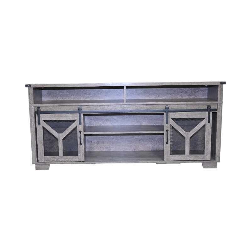 Tv Stand, Barn Door, Led Lights, Y - Shaped Decor, Antique Gray Tone, 60 69 Inch Entertainment Setup 65.3" American Traditional Stand With Sliding Barn Door, Strips, And Decorative Strip, Gray Tone,
