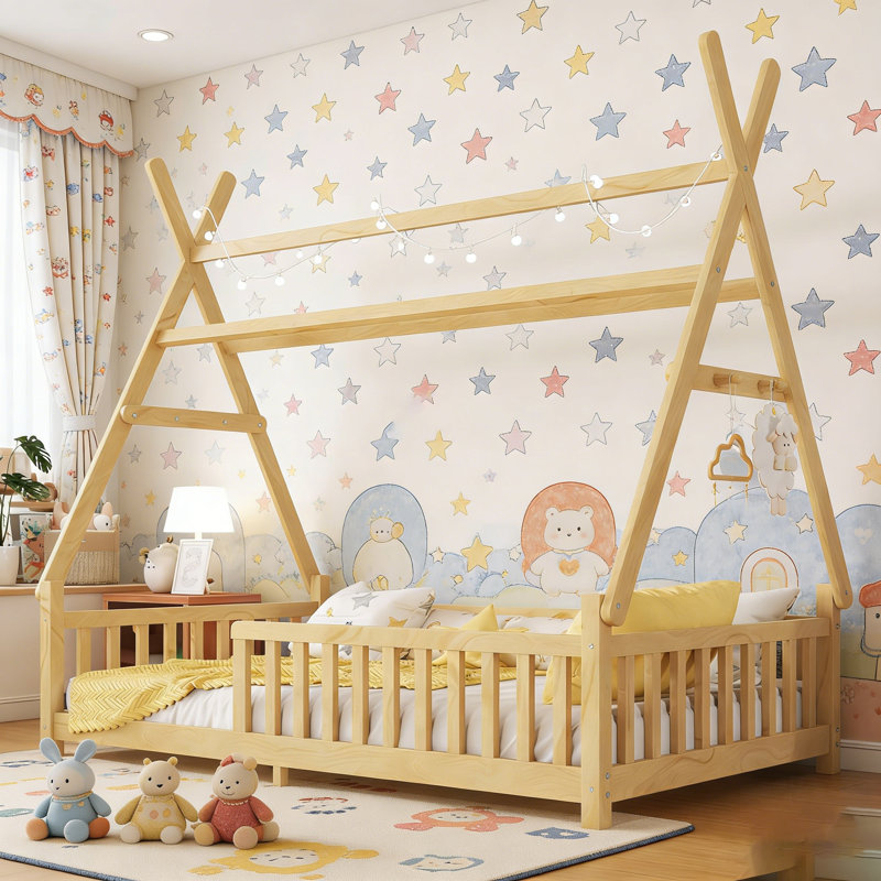 Lit maison avec lumière DEL, plancher bas et toit amovible pour les enfants, Lit simple, Naturel