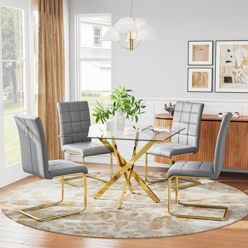 Square Pedestal Dining Set With 4 Luxury Faux Leather Dining Chairs, Gold, Gray/Gold
