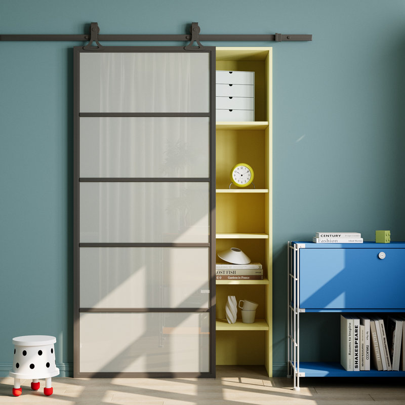10-Lite Metal Frame Sliding Frosted Tempered Glass Barn Door with Installation Hardware Kit(Soft Close Inclued)