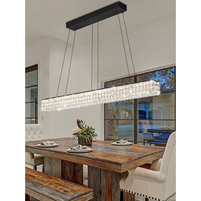 Modern Crystal Chandelier Rectangular Crystal Chandelier Contemporary Linear Pendant Ceiling Light Fixture For Living Dining Room Kitchen Island (L 48")
