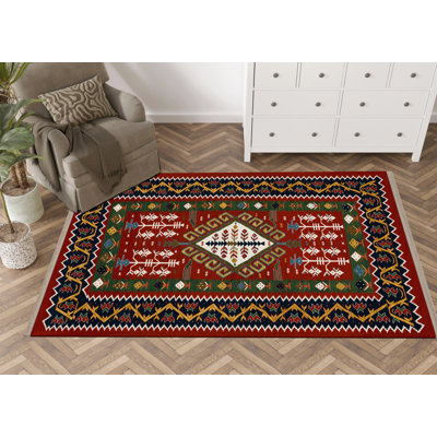 Tapis décoratif rétro multicolore à motif rouge