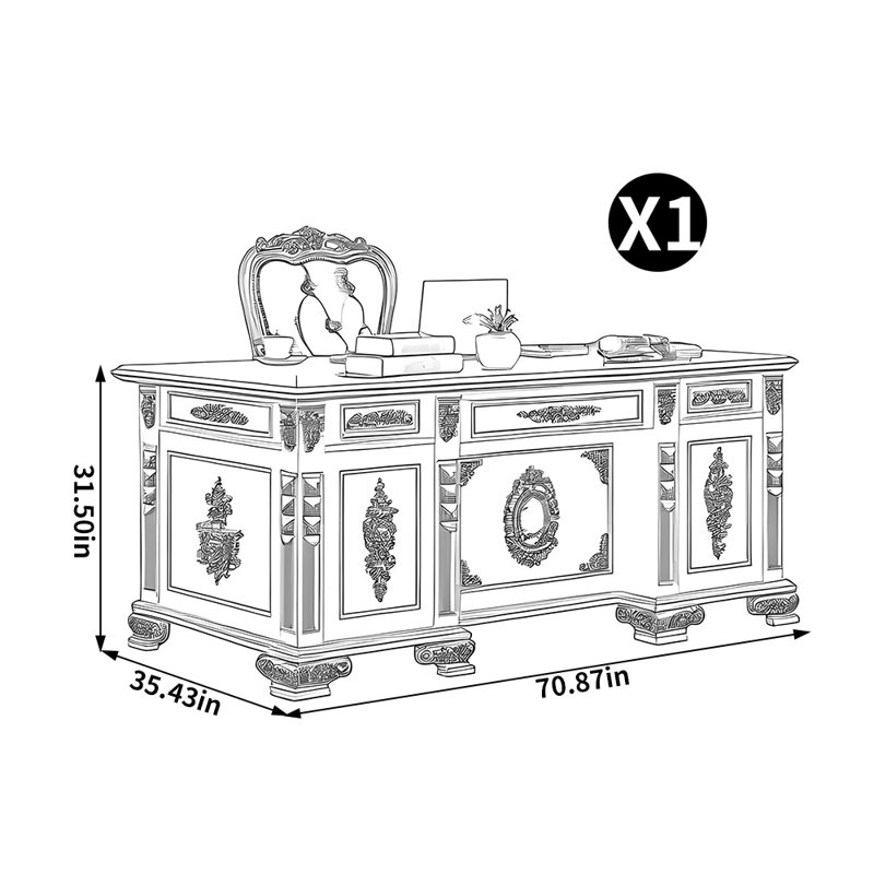 Bureau européen de style européen, H 31,5 po x l 70,87 po x P 35,43 po, Brun