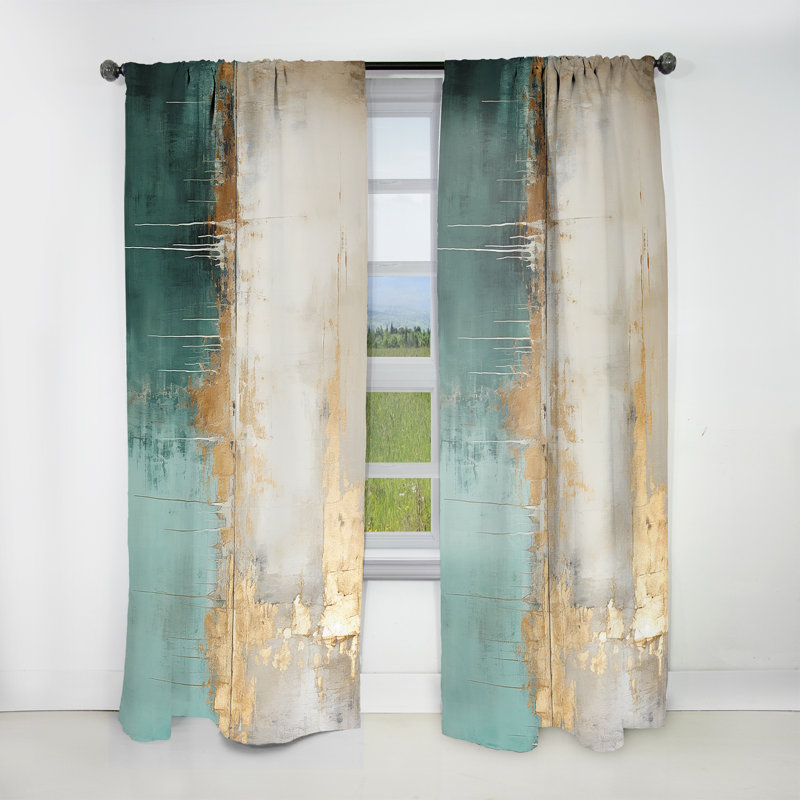 Minimalism Gold And Teal Horizon - Abstract Painting Curtain - Velvet Room Darkening - 1 panel, 52" W x 84" L