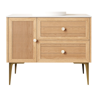 Armoire de salle de bain autoportante en chêne 36 po, plateau en pierre frittée blanche, deux tiroirs et une porte, sans lavabo, contreplaqué de 0,7 po d'épaisseur pour la fonctionnalité Grace