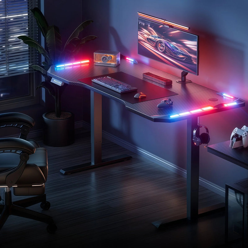 47“ Electric Height-Adjustable Gaming Desk with LED Lighting, Ergonomic PC Table with Carbon Fiber Surface, 3 Memory Positions and 3 Sizes, Gaming Computer Desk for Home, Home Office, and Office, Black