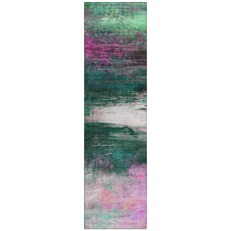 Machine Washable Indoor/Outdoor Xhevrie Green Rug, Runner 2'3" x 7'6"