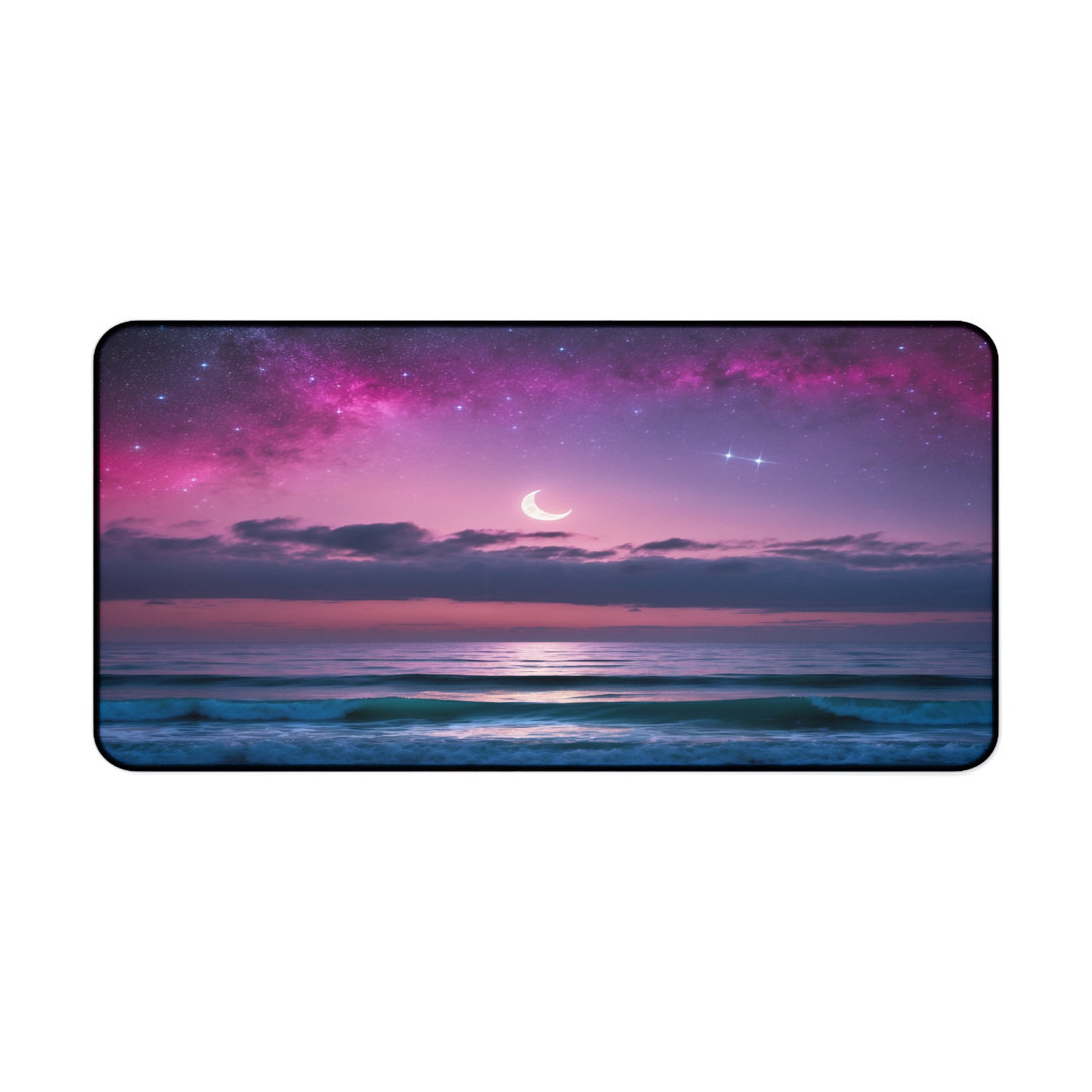 Celestial Ocean Moon Desk Mat, Purple Pink Galaxy Night Sky, Starry Seascape, Cosmic Aesthetic, Dreamy Desktop Pad, Magical Workspace