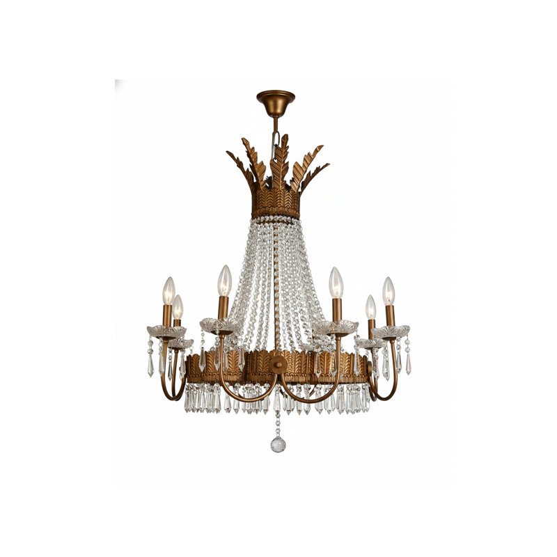 Lustre traditionnel doré à 6 lumières avec détails en cristal transparent, H 28 po x l 25 po x P 25 po, Six lumières